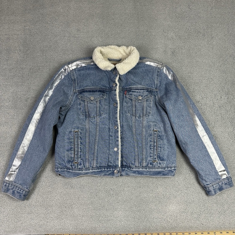 Levis Trucker Jacket Womens Large Blue Silver Sherpa Lined Denim Classic READ